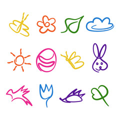 Spring elements one line doodle set. Simple abstract flower sun cloud butterflies bird leaves easter egg rabbit hedgrhog. Postcard, holiday textile decor vector illustration