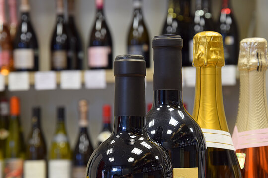 Wine bottles in the shop, cafe, restaurant. Wines for all tastes and celebrations.