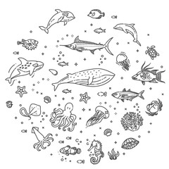 Ocean animals banner. illustration