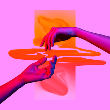 Contemporary art collage. Modern design work in neon trendy colors. Tender human hands. Stylish and fashionable composition. Light touch of hands.