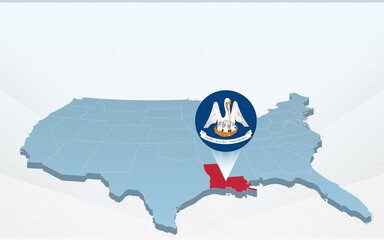 Louisiana state map on United States of America map in perspective.