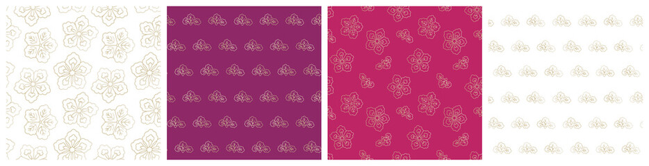 Japanese traditional flowers seamless pattern set. Reach gold cherry blossom on pink, magenta and purple backgrounds. Luxury vector design for fabric print or home decor textile.