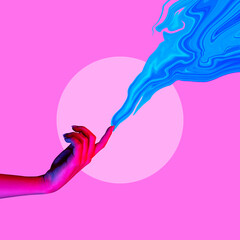 Female hand touching blue wave on magenta color background. Modern design, contemporary art collage. Inspiration, idea, trendy urban magazine style. - obrazy, fototapety, plakaty