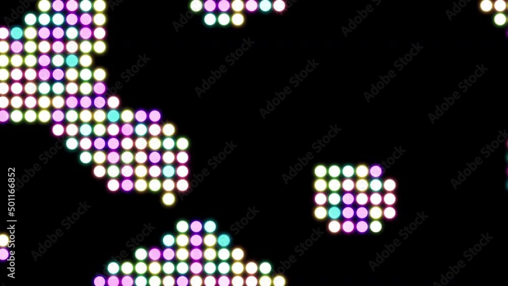 Poster abstract retro pixelated background with randomly moving digital colorful circles. design. moving sc