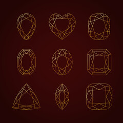 Collection of nine beautiful linear gemstones in gold color on a dark background.