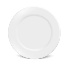 Vector 3d Realistic White Porcelain, Plastic or Paper Disposable Food Plate Plate Icon is isolated on a white background. Front view. Design template.