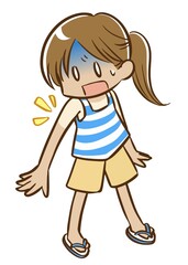 Tシャツ焼けしてしまった若い女性（全身）