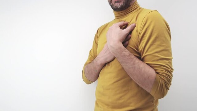Adult man with chest pain and heart attack, panic, anxiety issues.