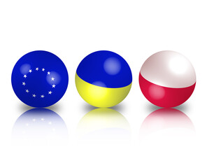 3D flags of European Union, Ukraine, Poland. Icon set of three european flags
