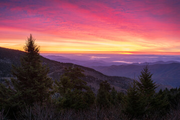 Scenic view of the Blue Ridge Mountains under dramatic lighting from Mount Mitchell State Park