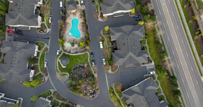 Rotating aerial of a purpose built community of townhomes.