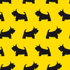 Seamless pattern with Scottish Terrier silhouette on a yellow background.