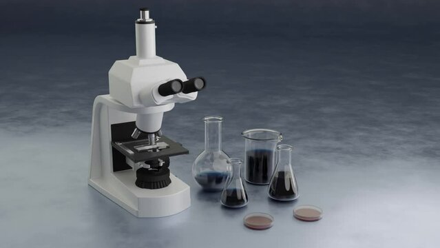 Equipo de laboratorio, animaci&oacute;n 3D. Microscopio para microbiolog&iacute;a y laboratorio cl&iacute;nico. Reactivos para pruebas y caja Petri.