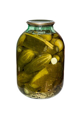 A jar of pickles on a white background.Home-made pickled cucumbers.