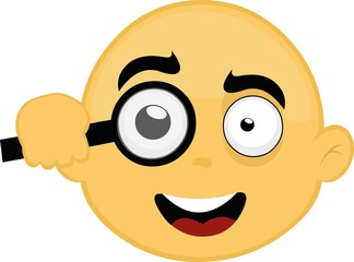 Fototapeta premium Vector illustration of the face of a bald and yellow cartoon character, observing with a magnifying glass