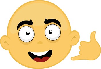 Vector illustration of the face of a bald yellow cartoon character with the classic hand gesture call me by phone or shaka