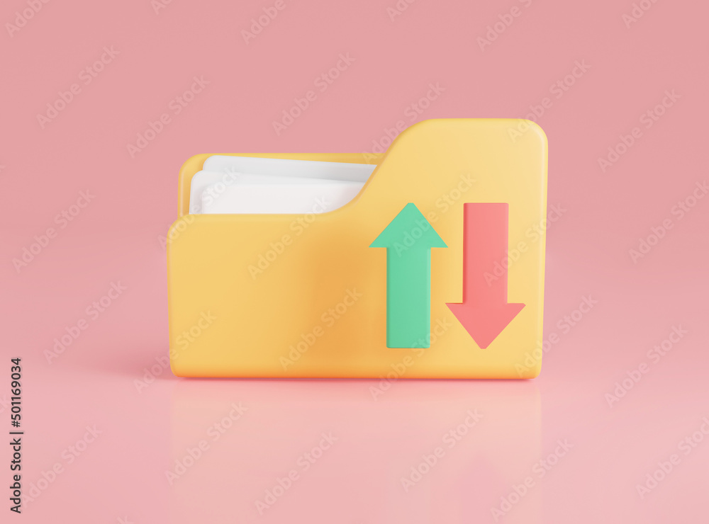Poster 3d yellow folder with files and arrow icon. file sharing or sending document, documents management, 