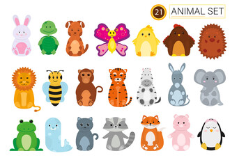Collection of wild animals in children's style on a white background. Cute animals