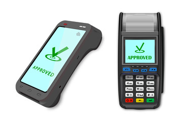 Vector Realistic 3d two payment machines. Close-up of POS terminals on a white background. Design template, layout. NFC payment processing device. Top View
