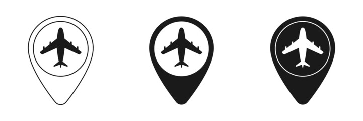 Plane, flight, airplane concept vector icon set, label on the map. Illustration