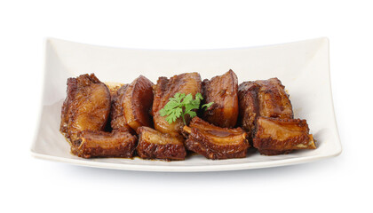 Stewed Pork and pork ribs with Spices in a plate isolated on white background with Clipping Path, Pa-Lo Thai Braised Pork Belly.