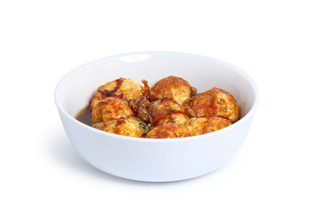 Fried Boiled Egg with Tamarind Sauce (Son-in-Law Eggs) - Kai Luk Koey isolated on white background with Clipping Path.