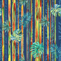 Seamless pattern, tropical plants. Watercolor drawing, graphics.