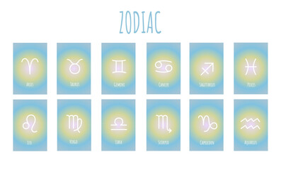 Fototapeta premium Astrology zodiac horoscope cards gradients design vector illustration set. Elegant symbols and icons of esoteric horoscope template for wall print poster isolated 