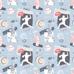 Vector baseball pattern on a blue background with players. Sports background for textile design. Hand drawing.