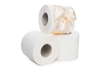 Three rolls of toilet paper on an isolated white background. One roll with an elegant light bow.
