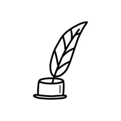 Sketch of feather and inkwell. Hand drawn doodle icon. Sign symbol. Vector.