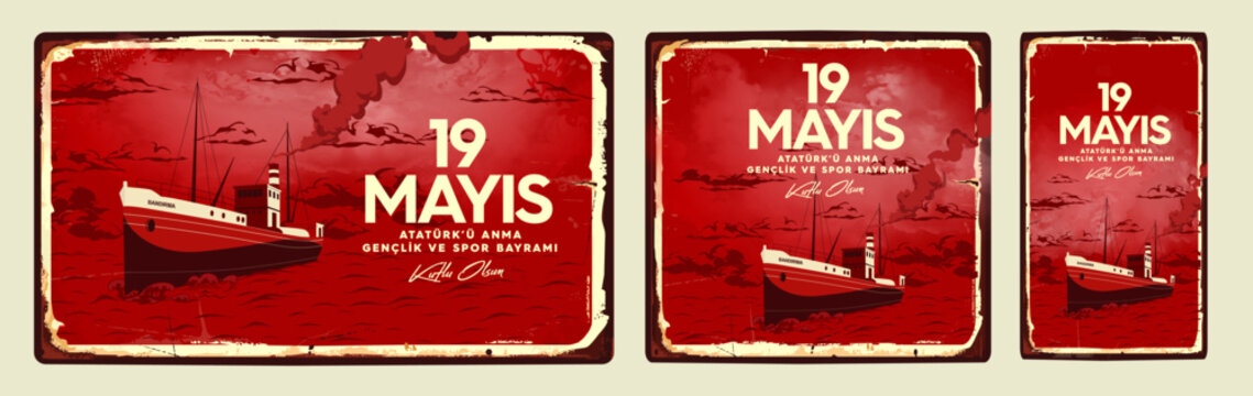 19 mayis Ataturk'u Anma, Genclik ve Spor Bayrami , 19 may Commemoration of Ataturk, Youth and Sports Day, Bandirma Vapuru Ship vintage vector illustration.