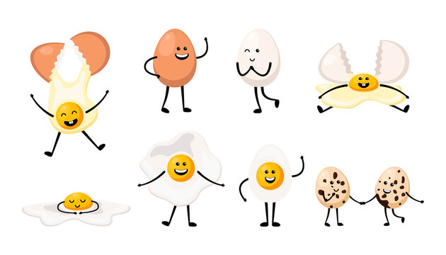 Funny eggs with cute faces cartoon illustration set. Chicken and quail eggs for breakfast. Happy boiled, hard-boiled, scrambled eggs characters. Easter, cooking, food, emotion concept