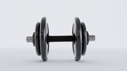 black metal dumbbells over white background, Gym, fitness and sports equipment symbol, 3D render