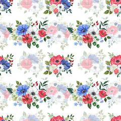 Watercolor floral seamless pattern with hand-painted red, white and blue flowers, green leaves on white background. Botanical wallpaper. 4th of July themed design.