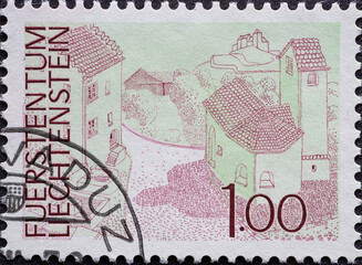 LICHTENSTEIN - CIRCA 1972: a postage stamp from LICHTENSTEIN , showing a landscape with buildings St Peter, Mäls . Circa 1972