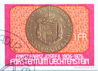 LICHTENSTEIN - CIRCA 1976: a postage stamp from LICHTENSTEIN , showing the coat of arms of Franz...