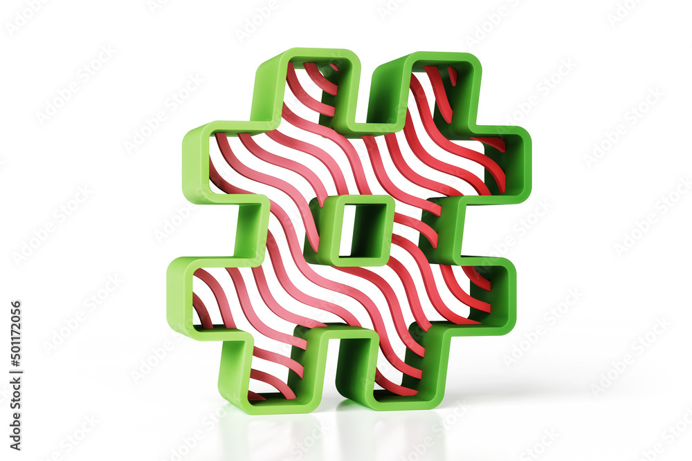 Poster creative watermelon style hashtag symbol made of green and red color scheme. high definition 3d rend