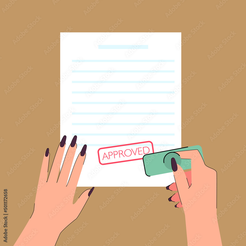 Poster hands of worker putting stamp of approval on document. sheet of paper with word approved flat vector