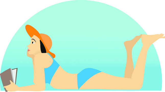 A woman in blue swimsuit is lying and reading a book. Vector flat illustration. Summertime woman lying on her stomach and studying