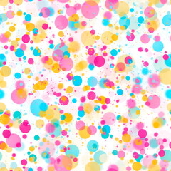 Yellow, pink and blue liquid marble. Seamless pattern of Yellow, pink and blue balls, on a white background. Digital watercolour texture.