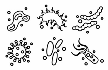 Viruses and Bacteria doodle drawing collection. Microorganism and Virus vector illustration, line icon set. Vector illustration isolated. Design elements for medicine and healthcare, biology, science