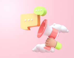 Hand holding a 3D megaphone with speech bubble. 3D render
