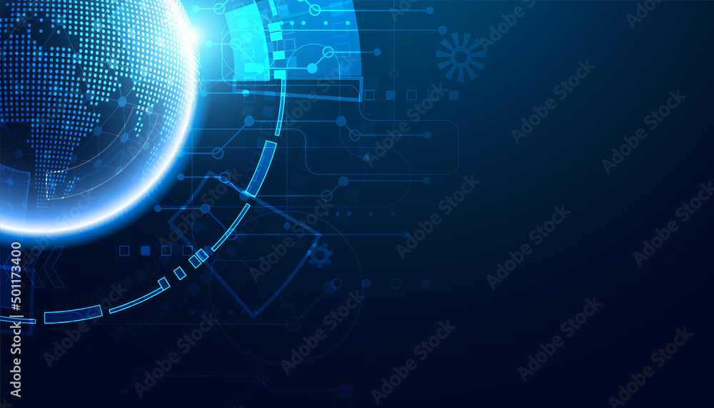 Poster abstract global dot network circle digital connection and communication futuristic on blue backgroun