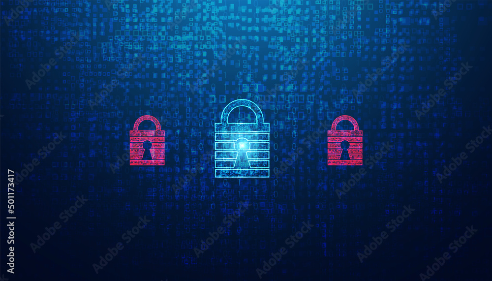Poster abstract lock cyber security privacy protection icon on blue background and binary