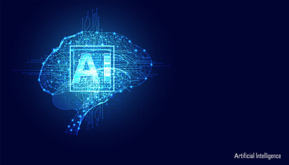 Abstract technology Ai computing concept Ai Brain working data of Artificial intelligence and futuristic digital for future on dark blue background.