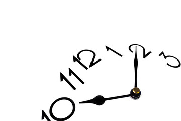 Part of analogue plain clock on white background. Ten o'clock. Close up with copy space