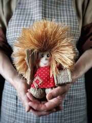 Person in rustic apron holding brownie toy. Boggart in the hands of old woman. 