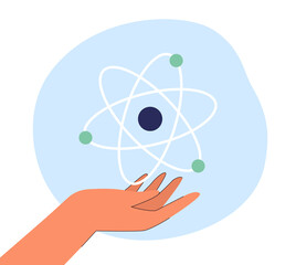 Fototapeta premium Hand with symbol of science. Metaphor for scientific research or experiment flat vector illustration. Education, knowledge, science concept for banner, website design or landing web page