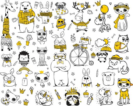 Vector set of doodle hipster animals. Perfect for greeting cards design, t-shirt prints and kid's posters.